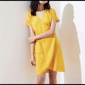LOFT linen wrap eyelet sleeve detail yellow dress women Size Medium